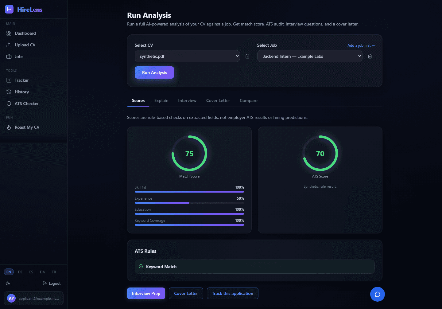 HireLens offline analysis with illustrative synthetic match and ATS scores
