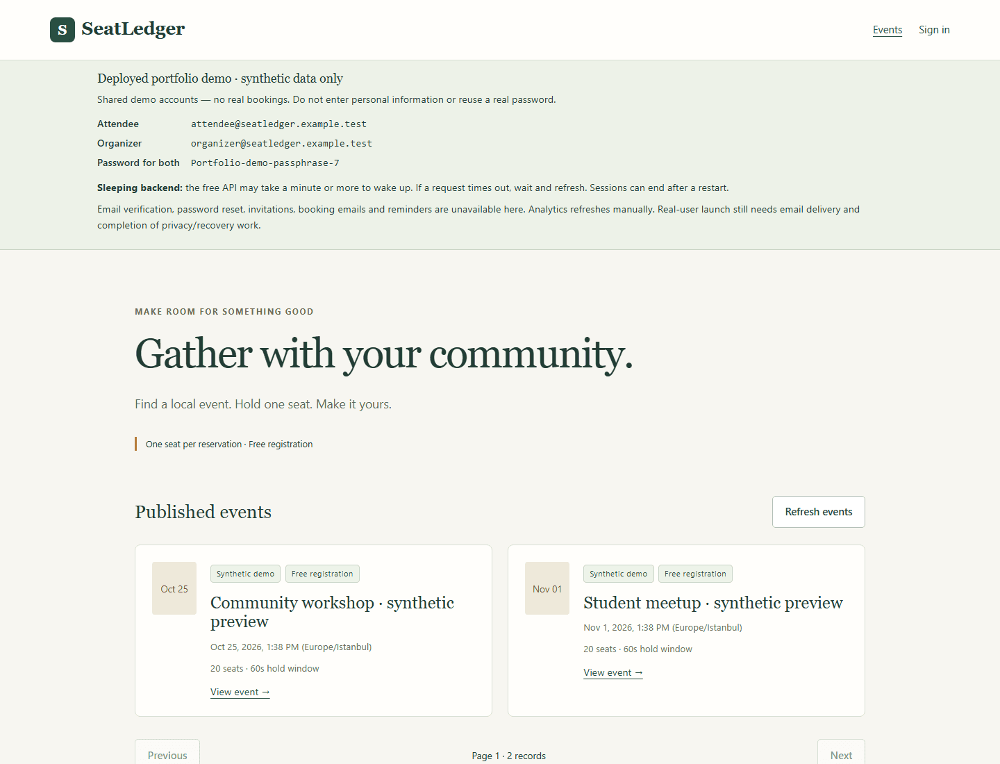 Deployed SeatLedger portfolio demo showing clearly labeled synthetic accounts and free community events